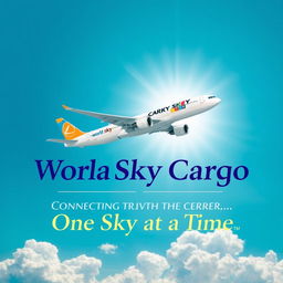 A vibrant and dynamic poster for World Sky Cargo showcasing a modern cargo aircraft soaring through a bright blue sky