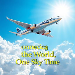 A vibrant and dynamic poster for World Sky Cargo showcasing a modern cargo aircraft soaring through a bright blue sky