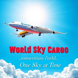A vibrant and dynamic poster for World Sky Cargo showcasing a modern cargo aircraft soaring through a bright blue sky