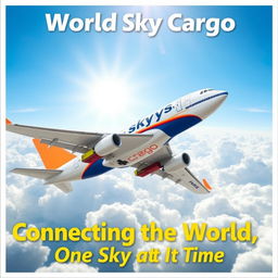 A vibrant and dynamic poster for World Sky Cargo showcasing a modern cargo aircraft soaring through a bright blue sky