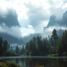 A mystical mountain landscape, shrouded in mist, with towering peaks that seem to touch the clouds