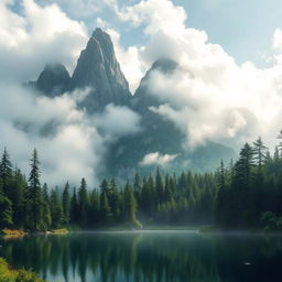 A mystical mountain landscape, shrouded in mist, with towering peaks that seem to touch the clouds