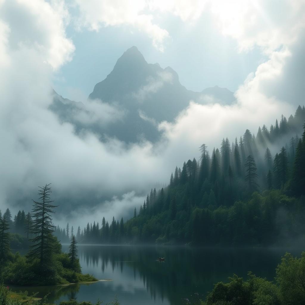 A mystical mountain landscape, shrouded in mist, with towering peaks that seem to touch the clouds