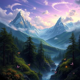A mystical mountain landscape shrouded in an aura of magic, featuring towering peaks with shimmering snow caps and lush green valleys below