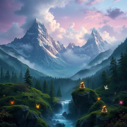 A mystical mountain landscape shrouded in an aura of magic, featuring towering peaks with shimmering snow caps and lush green valleys below
