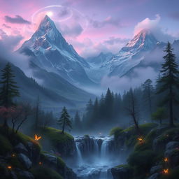 A mystical mountain landscape shrouded in an aura of magic, featuring towering peaks with shimmering snow caps and lush green valleys below