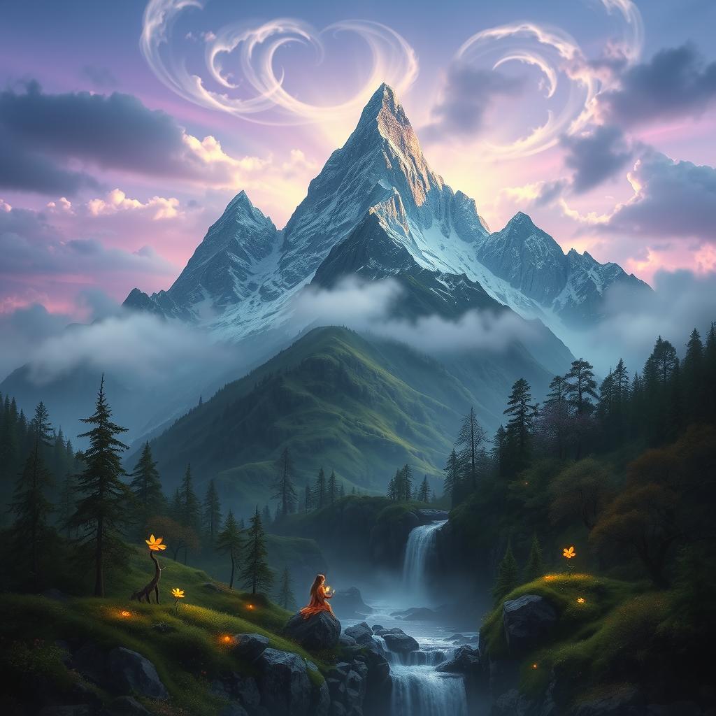 A mystical mountain landscape shrouded in an aura of magic, featuring towering peaks with shimmering snow caps and lush green valleys below