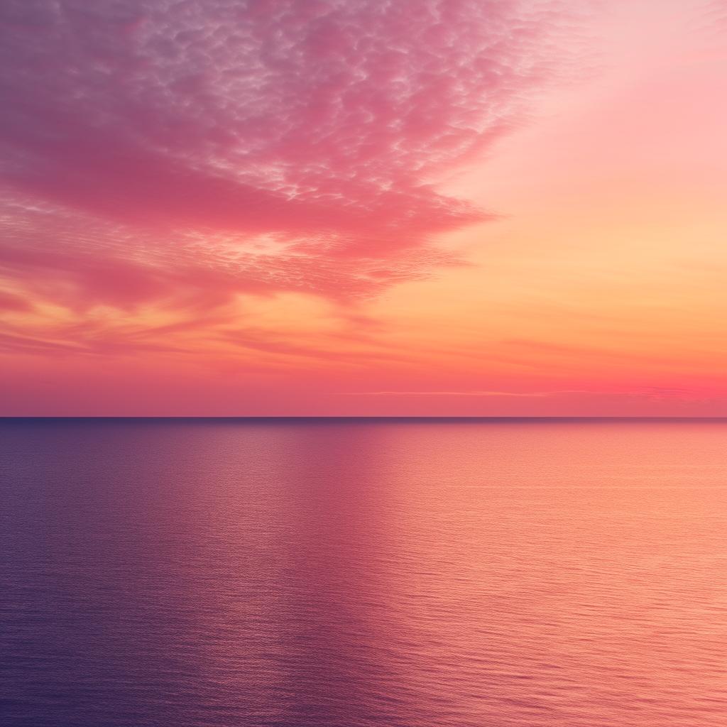 Create a serene sunset over the ocean, featuring sparkling water, an orange-pink sky and soft, fluffy clouds.