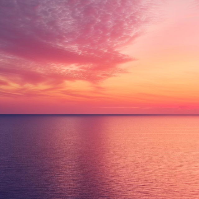 Create a serene sunset over the ocean, featuring sparkling water, an orange-pink sky and soft, fluffy clouds.