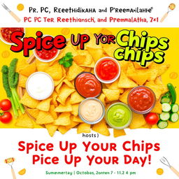 A vibrant and eye-catching poster showcasing a culinary event titled 'Spice Up Your Chips, Spice Up Your Day!' The poster features a colorful array of crispy chips served in various shapes and sizes, artfully arranged with a selection of enticing sauces such as spicy salsa, creamy ranch, tangy barbecue, and zesty guacamole