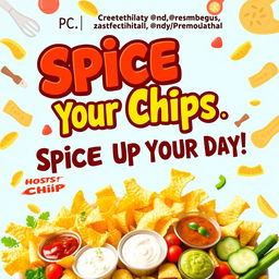 A vibrant and eye-catching poster showcasing a culinary event titled 'Spice Up Your Chips, Spice Up Your Day!' The poster features a colorful array of crispy chips served in various shapes and sizes, artfully arranged with a selection of enticing sauces such as spicy salsa, creamy ranch, tangy barbecue, and zesty guacamole