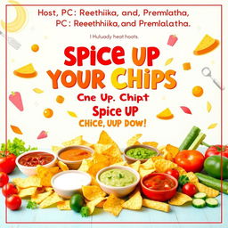 A vibrant and eye-catching poster showcasing a culinary event titled 'Spice Up Your Chips, Spice Up Your Day!' The poster features a colorful array of crispy chips served in various shapes and sizes, artfully arranged with a selection of enticing sauces such as spicy salsa, creamy ranch, tangy barbecue, and zesty guacamole