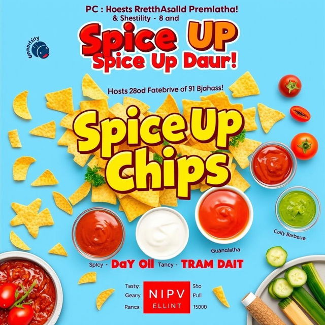 A vibrant and eye-catching poster showcasing a culinary event titled 'Spice Up Your Chips, Spice Up Your Day!' The poster features a colorful array of crispy chips served in various shapes and sizes, artfully arranged with a selection of enticing sauces such as spicy salsa, creamy ranch, tangy barbecue, and zesty guacamole