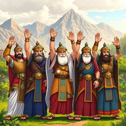 Characters from the Shahnama (Epic of Kings), depicted in a vibrant and dynamic scene, standing confidently with their hands raised in a show of strength and unity