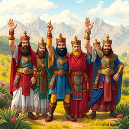 Characters from the Shahnama (Epic of Kings), depicted in a vibrant and dynamic scene, standing confidently with their hands raised in a show of strength and unity
