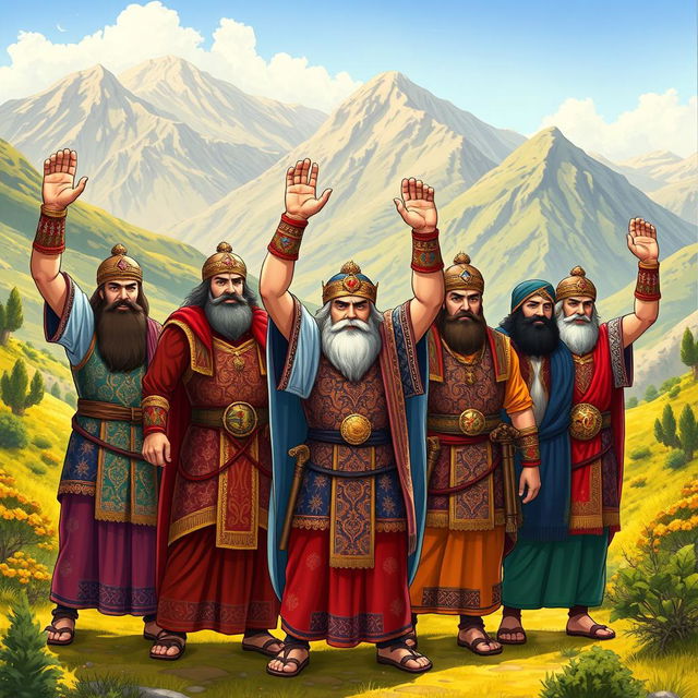 Characters from the Shahnama (Epic of Kings), depicted in a vibrant and dynamic scene, standing confidently with their hands raised in a show of strength and unity