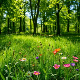 Lush wild grass in a vibrant forest setting, with sunlight filtering through the lush green leaves of tall trees, creating a tranquil atmosphere