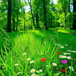 Lush wild grass in a vibrant forest setting, with sunlight filtering through the lush green leaves of tall trees, creating a tranquil atmosphere