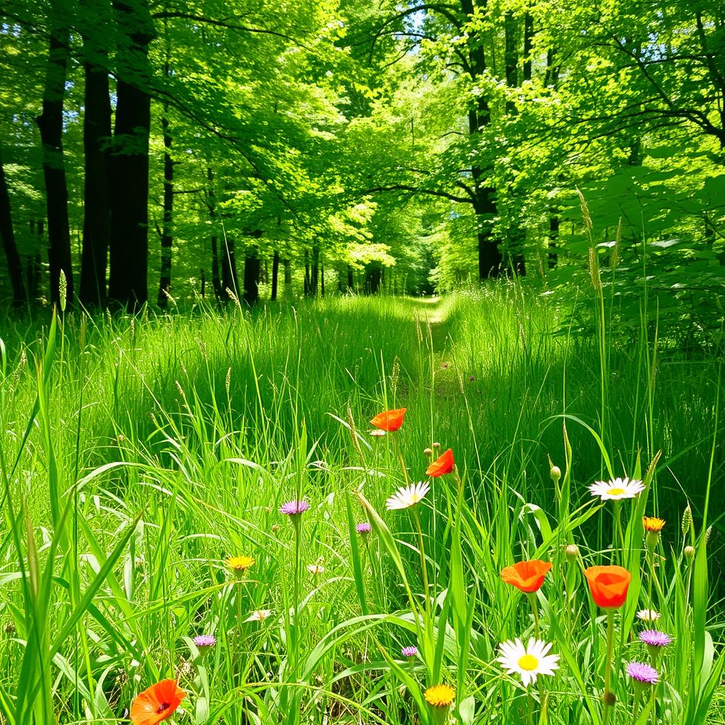 Lush wild grass in a vibrant forest setting, with sunlight filtering through the lush green leaves of tall trees, creating a tranquil atmosphere