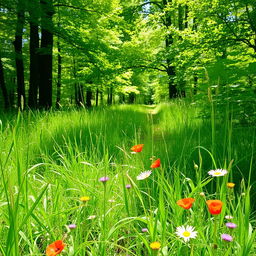 Lush wild grass in a vibrant forest setting, with sunlight filtering through the lush green leaves of tall trees, creating a tranquil atmosphere