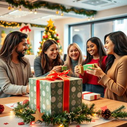 A festive corporate setting for a Secret Santa event, featuring a cheerful office decorated with Christmas lights and ornaments