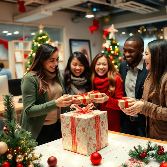 A festive corporate setting for a Secret Santa event, featuring a cheerful office decorated with Christmas lights and ornaments