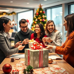 A festive corporate setting for a Secret Santa event, featuring a cheerful office decorated with Christmas lights and ornaments
