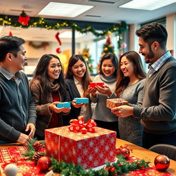 A festive corporate setting for a Secret Santa event, featuring a cheerful office decorated with Christmas lights and ornaments