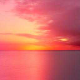 Create a serene sunset over the ocean, featuring sparkling water, an orange-pink sky and soft, fluffy clouds.