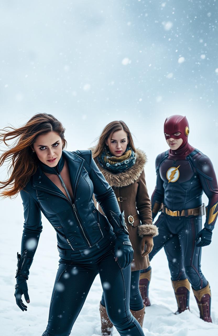 A dramatic scene set in a snowy environment, featuring Iris West portrayed as a formidable villain with a fierce expression, her hair flowing in the wind, wearing a stylish dark outfit with hints of ice blue