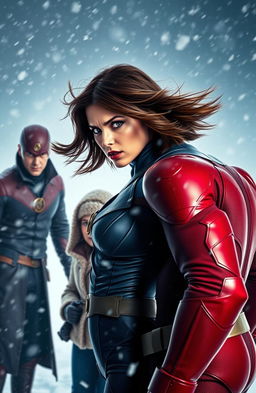A dramatic scene set in a snowy environment, featuring Iris West portrayed as a formidable villain with a fierce expression, her hair flowing in the wind, wearing a stylish dark outfit with hints of ice blue