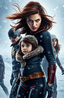 A dramatic scene set in a snowy environment, featuring Iris West portrayed as a formidable villain with a fierce expression, her hair flowing in the wind, wearing a stylish dark outfit with hints of ice blue