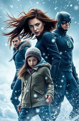 A dramatic scene set in a snowy environment, featuring Iris West portrayed as a formidable villain with a fierce expression, her hair flowing in the wind, wearing a stylish dark outfit with hints of ice blue