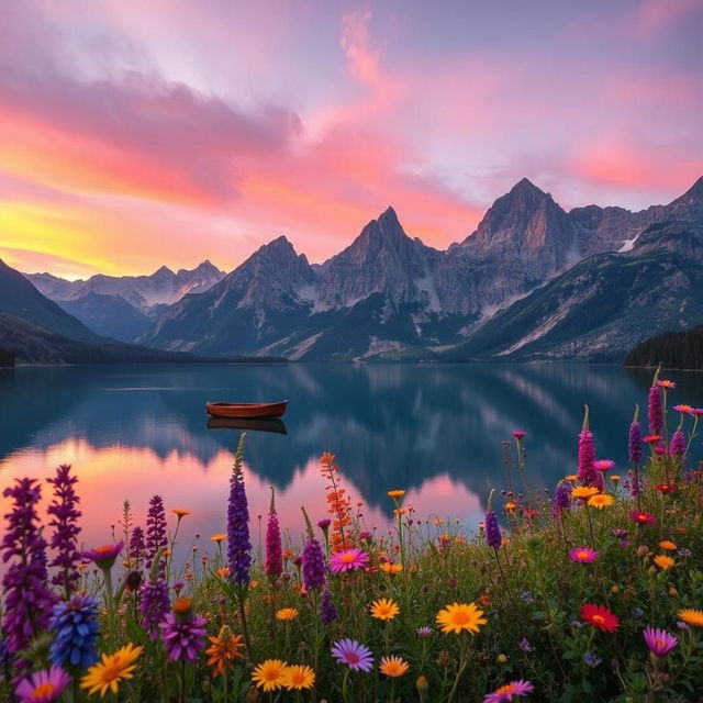 A breathtaking landscape featuring a serene lake surrounded by majestic mountains during sunset