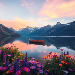 A breathtaking landscape featuring a serene lake surrounded by majestic mountains during sunset