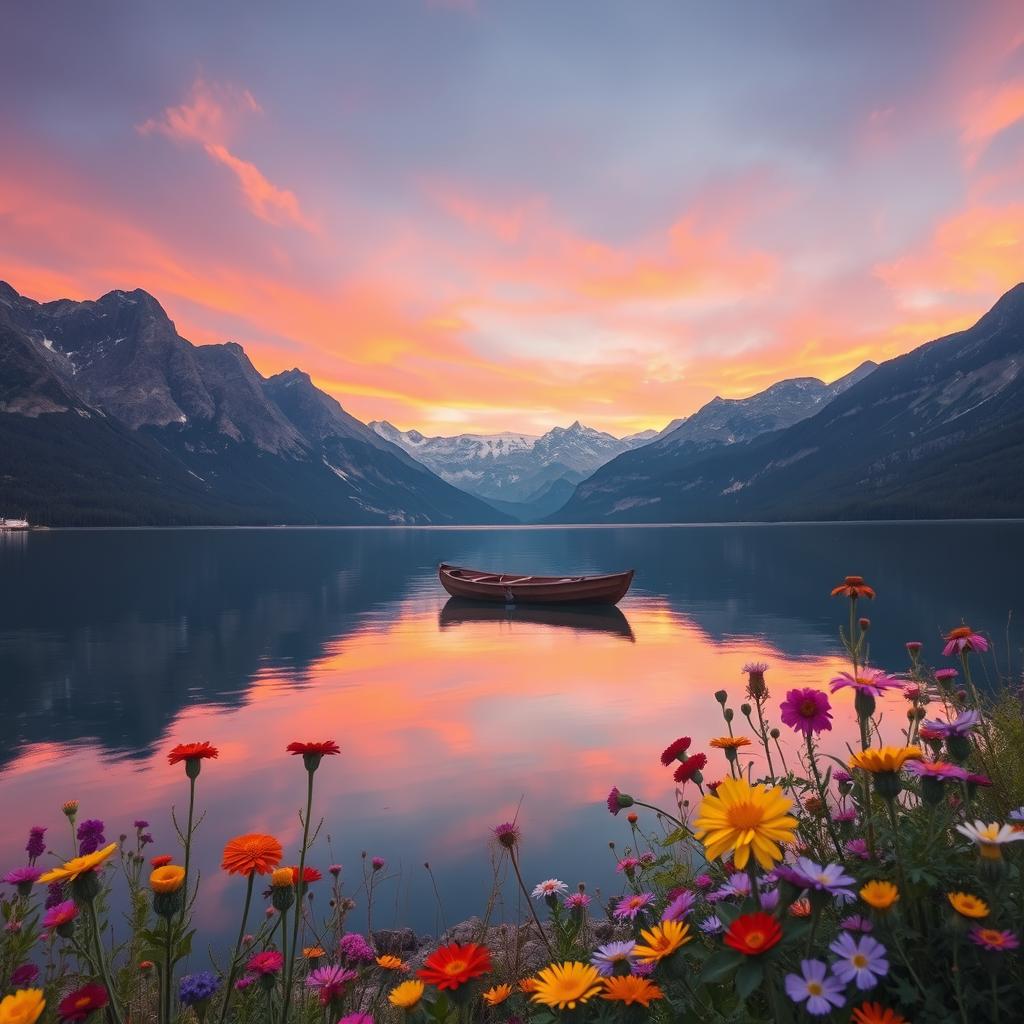 A breathtaking landscape featuring a serene lake surrounded by majestic mountains during sunset