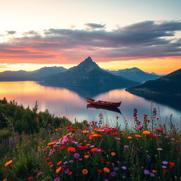 A breathtaking landscape featuring a serene lake surrounded by majestic mountains during sunset