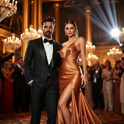 A glamorous scene showcasing Theo James and Kendall Jenner standing together at an exclusive awards show