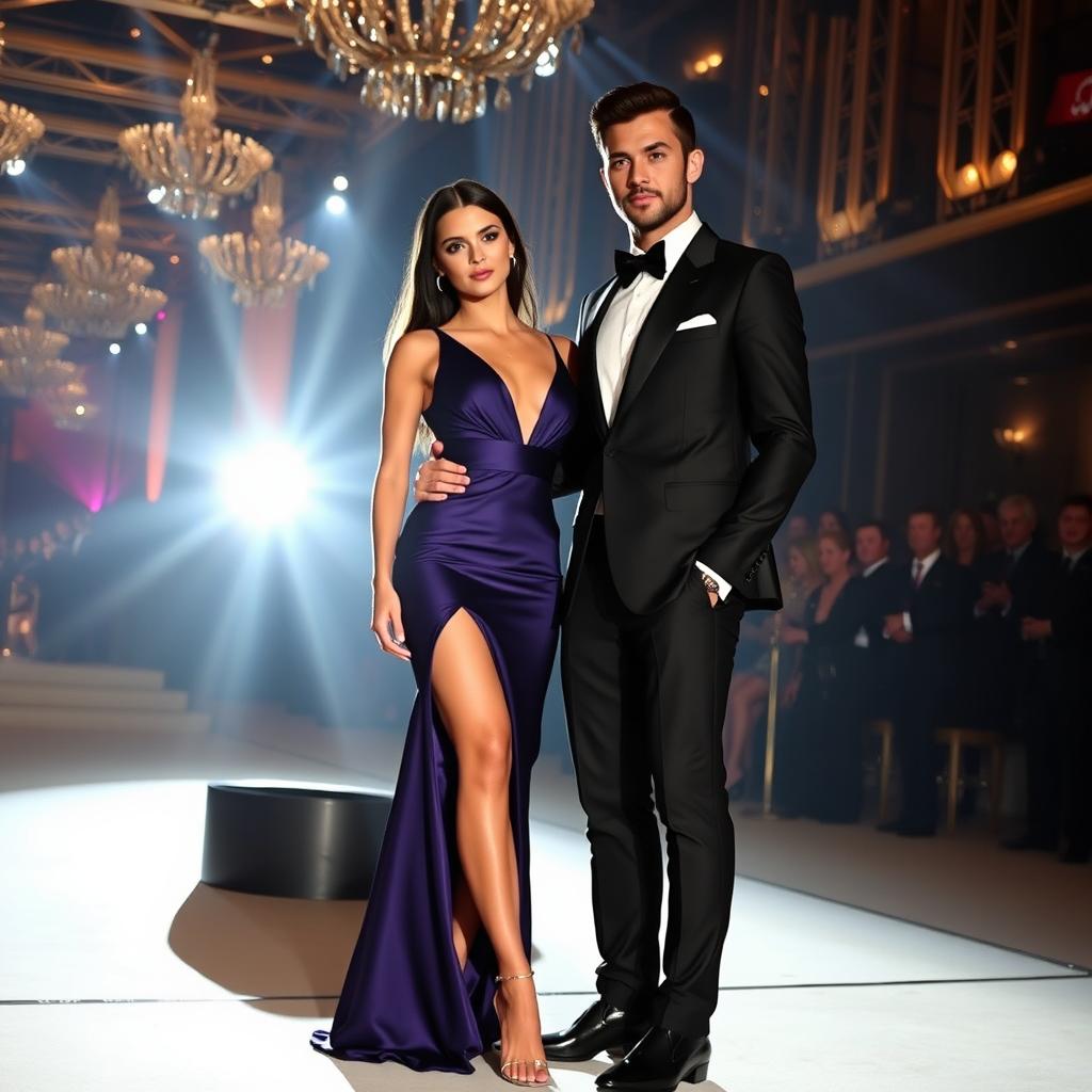 A glamorous scene showcasing Theo James and Kendall Jenner standing together at an exclusive awards show