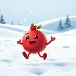 A cute pomegranate character joyfully running in a snowy landscape, with snowflakes gently falling around it