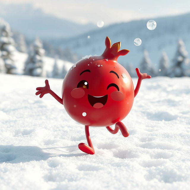 A cute pomegranate character joyfully running in a snowy landscape, with snowflakes gently falling around it