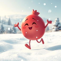 A cute pomegranate character joyfully running in a snowy landscape, with snowflakes gently falling around it