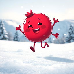 A cute pomegranate character joyfully running in a snowy landscape, with snowflakes gently falling around it
