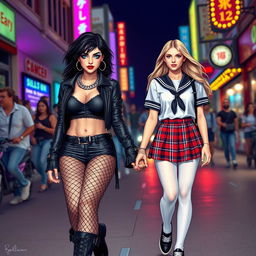 A lively scene depicting two stunning 18-year-old girls walking hand in hand down a busy street