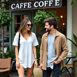 A casual scene featuring Emily Ratajkowski and Jamie Dornan meeting outside a charming coffee shop