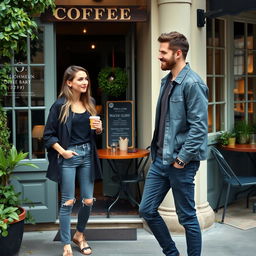 A casual scene featuring Emily Ratajkowski and Jamie Dornan meeting outside a charming coffee shop