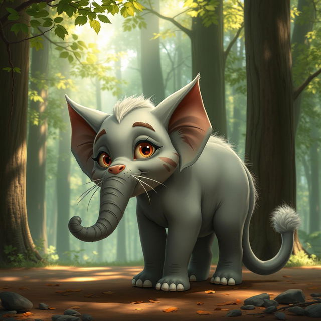 A fantastical hybrid creature that uniquely combines features of an elephant and a cat