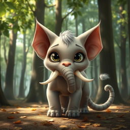 A fantastical hybrid creature that uniquely combines features of an elephant and a cat