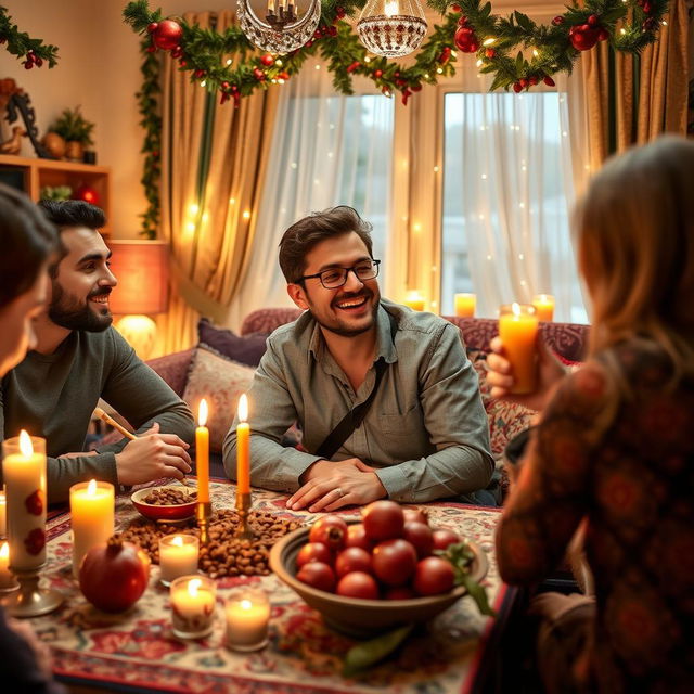 An engineer celebrating Yalda night with friends, surrounded by traditional decorations such as pomegranate, nuts, and candles, rich with warm lighting