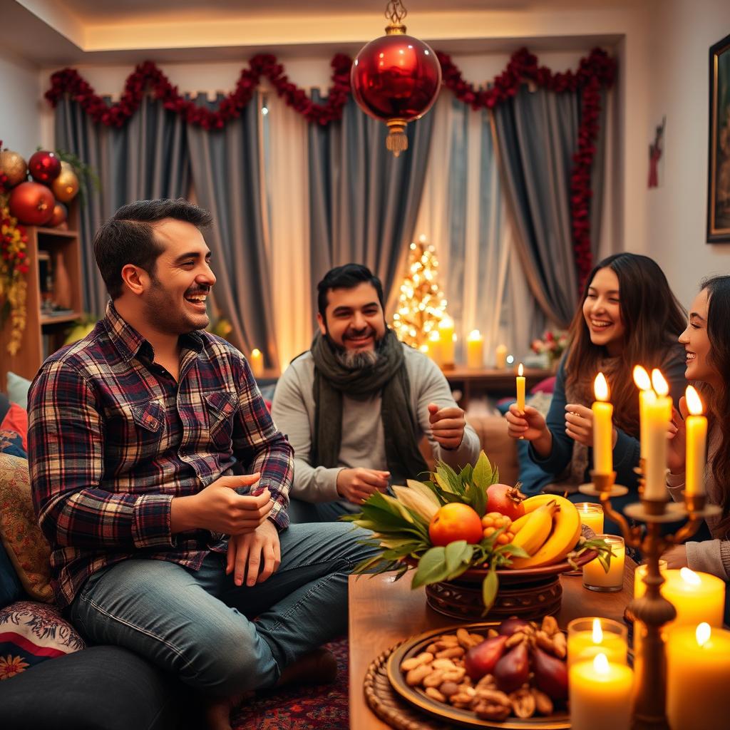 An engineer celebrating Yalda night with friends, surrounded by traditional decorations such as pomegranate, nuts, and candles, rich with warm lighting